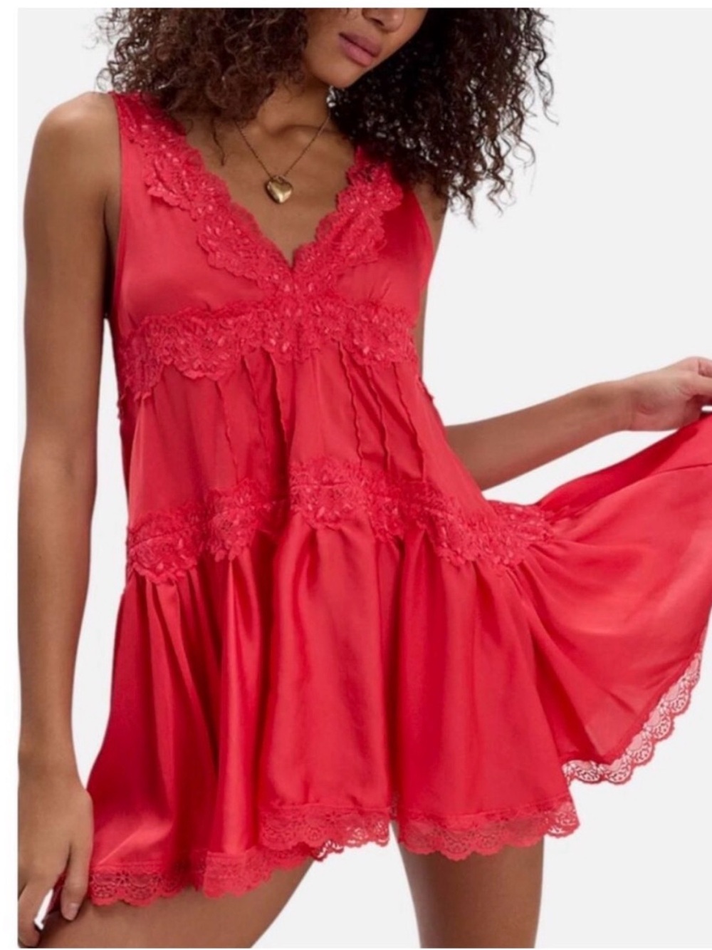New Free People Red "In this Groove" Lace mini dress